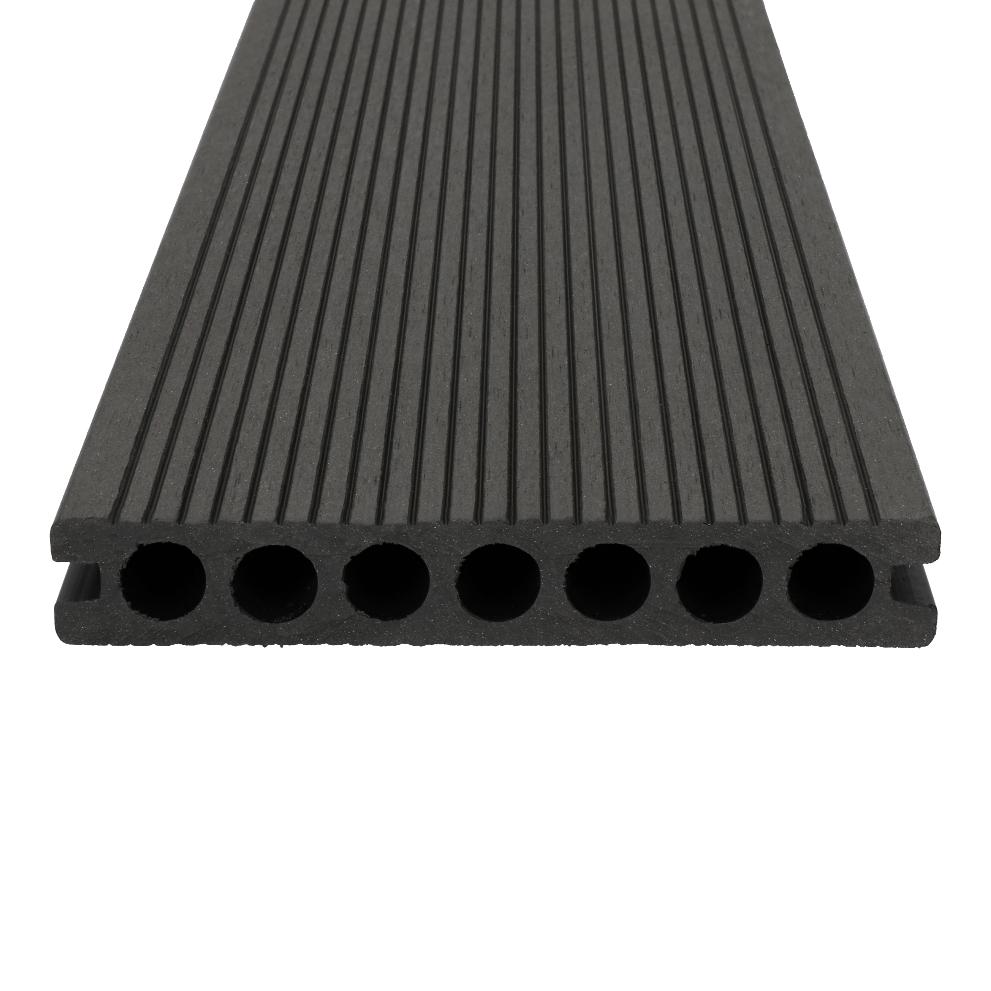 Cross-section of a dark grey DUO composite decking board with round holes and a grooved surface.
